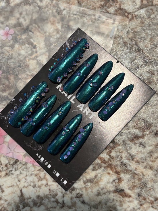 Other - Teal Shimmer Stiletto Press-On Nails with Iridescent Gems